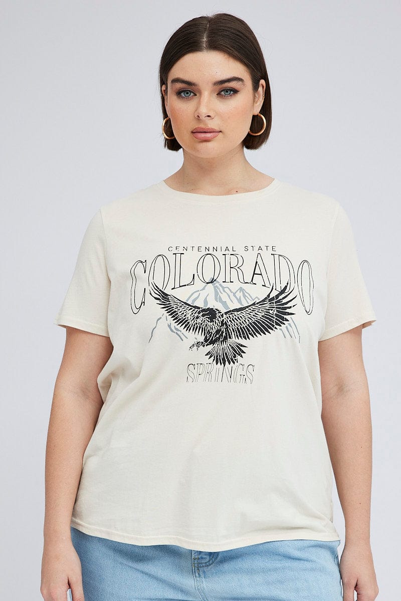 Beige Graphic T-shirt Short Sleeve Crew Neck - Image 3