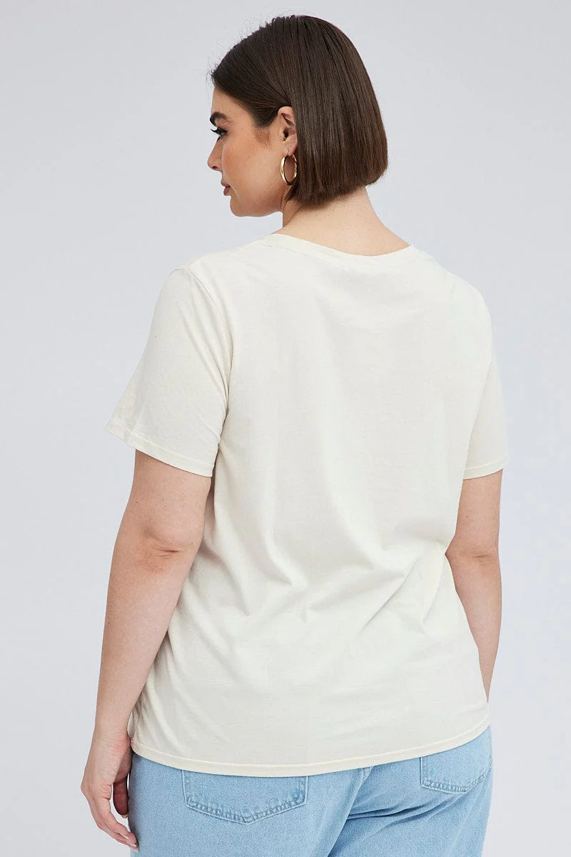 Beige Graphic T-shirt Short Sleeve Crew Neck - Image 5