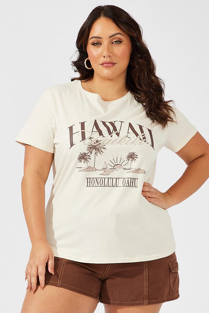 Beige Graphic T-shirt Short Sleeve Crew Neck - Image 3