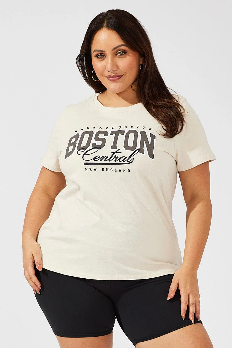 Beige Graphic T-shirt Short Sleeve Crew Neck