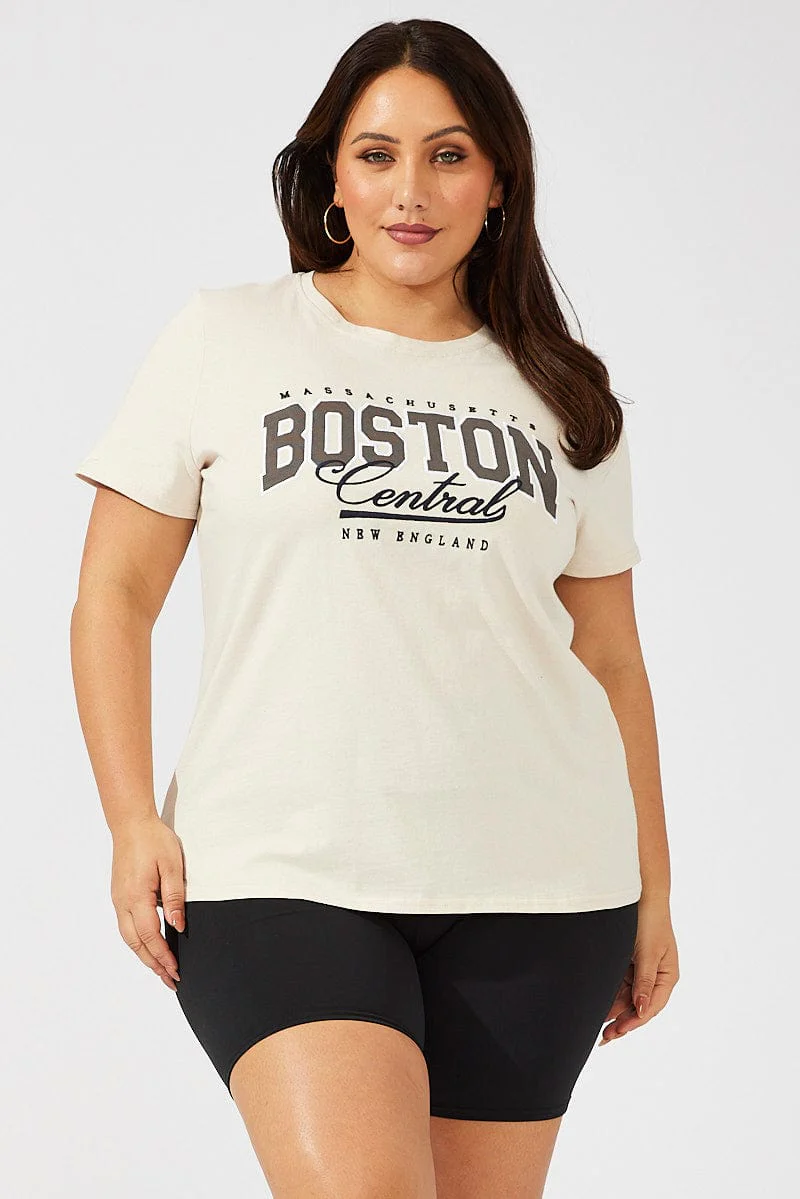 Beige Graphic T-shirt Short Sleeve Crew Neck - Image 3