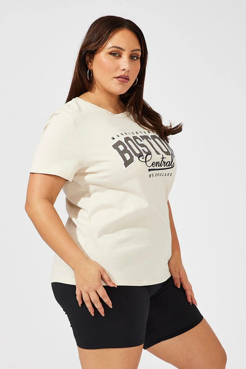 Beige Graphic T-shirt Short Sleeve Crew Neck - Image 4