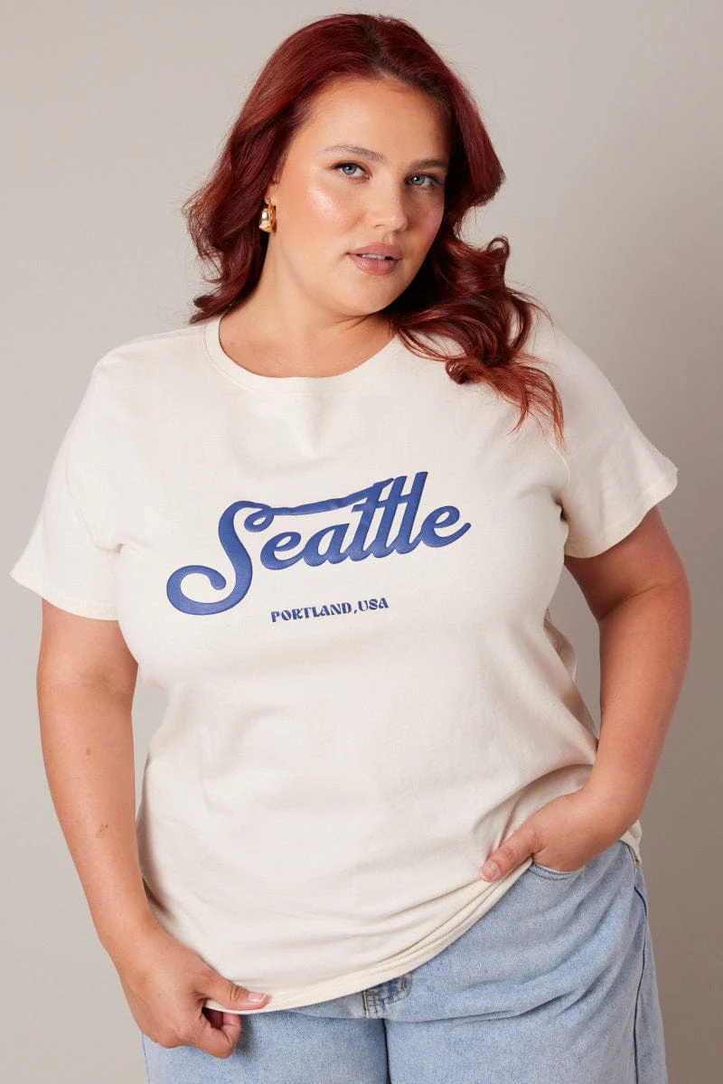 Beige Graphic T-shirt Short Sleeve Crew Neck - Image 2