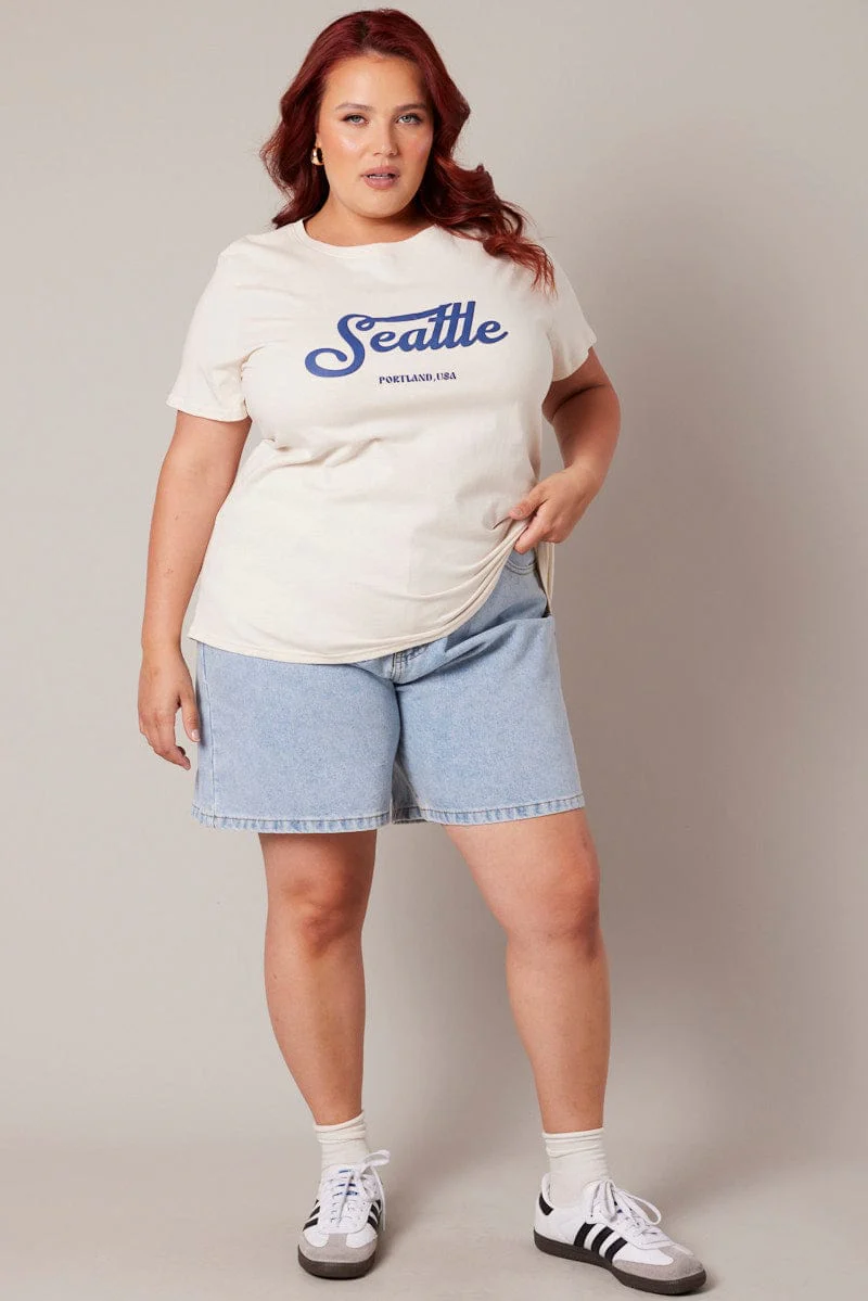 Beige Graphic T-shirt Short Sleeve Crew Neck - Image 3