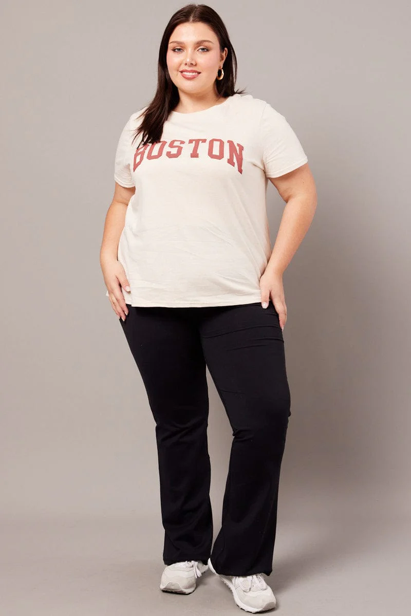 Beige Graphic T-shirt Short Sleeve Crew Neck - Image 2