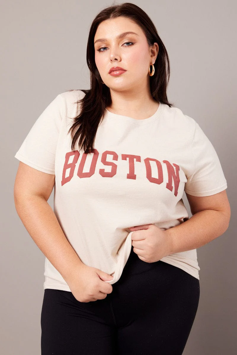 Beige Graphic T-shirt Short Sleeve Crew Neck - Image 3