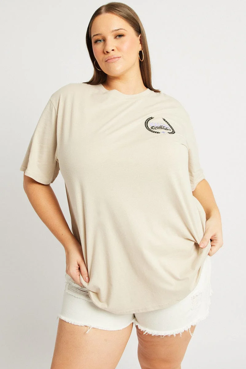 Beige Graphic T-shirt Short Sleeve Crew Neck - Image 3