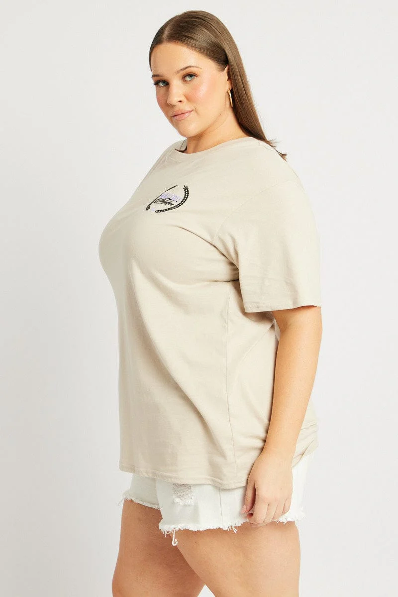 Beige Graphic T-shirt Short Sleeve Crew Neck - Image 4