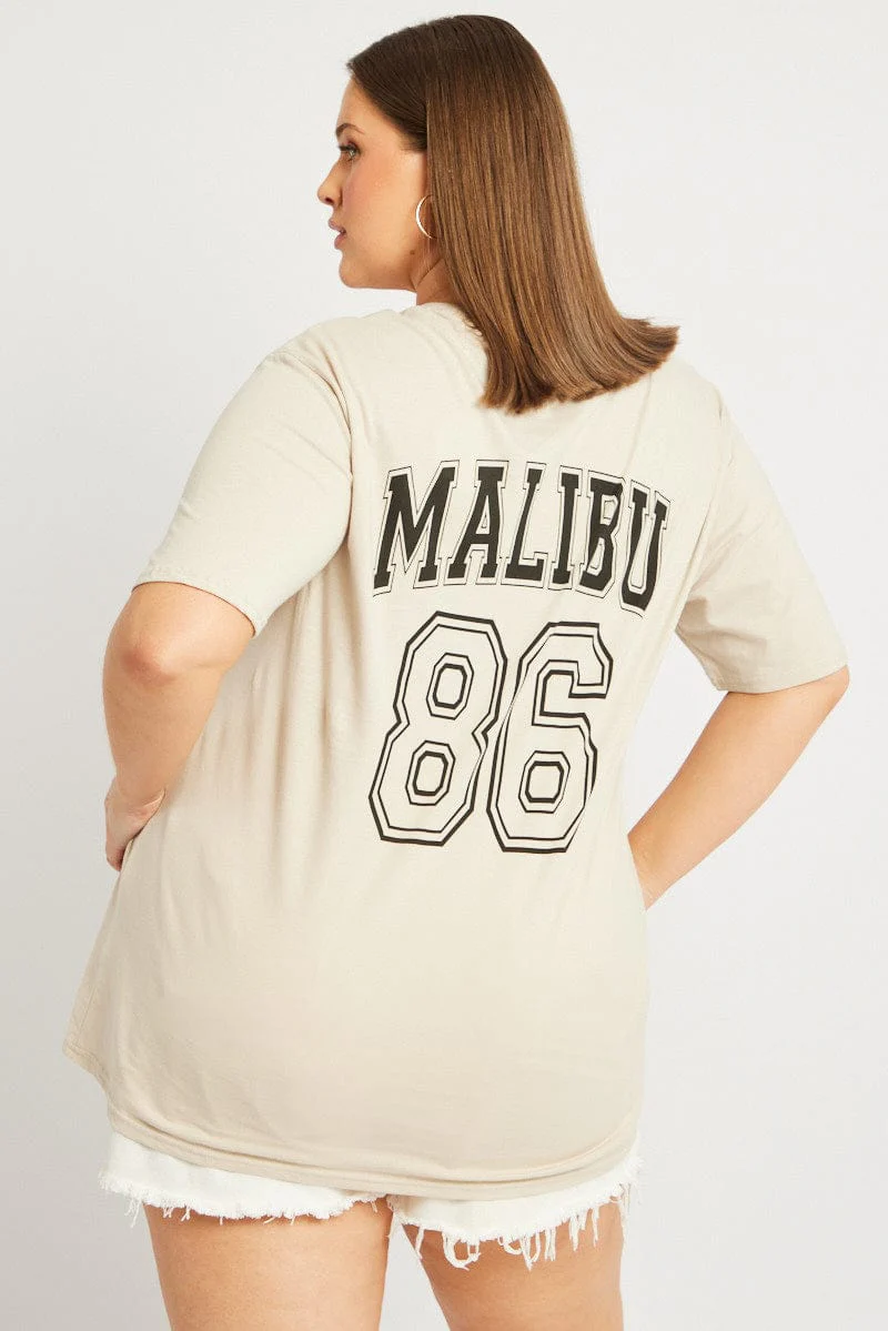 Beige Graphic T-shirt Short Sleeve Crew Neck - Image 5