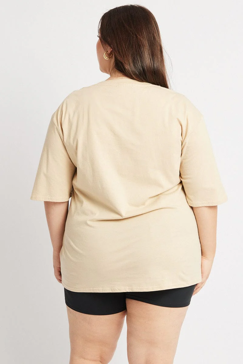 Beige Graphic T Shirt Short Sleeve Crew Neck - Image 5