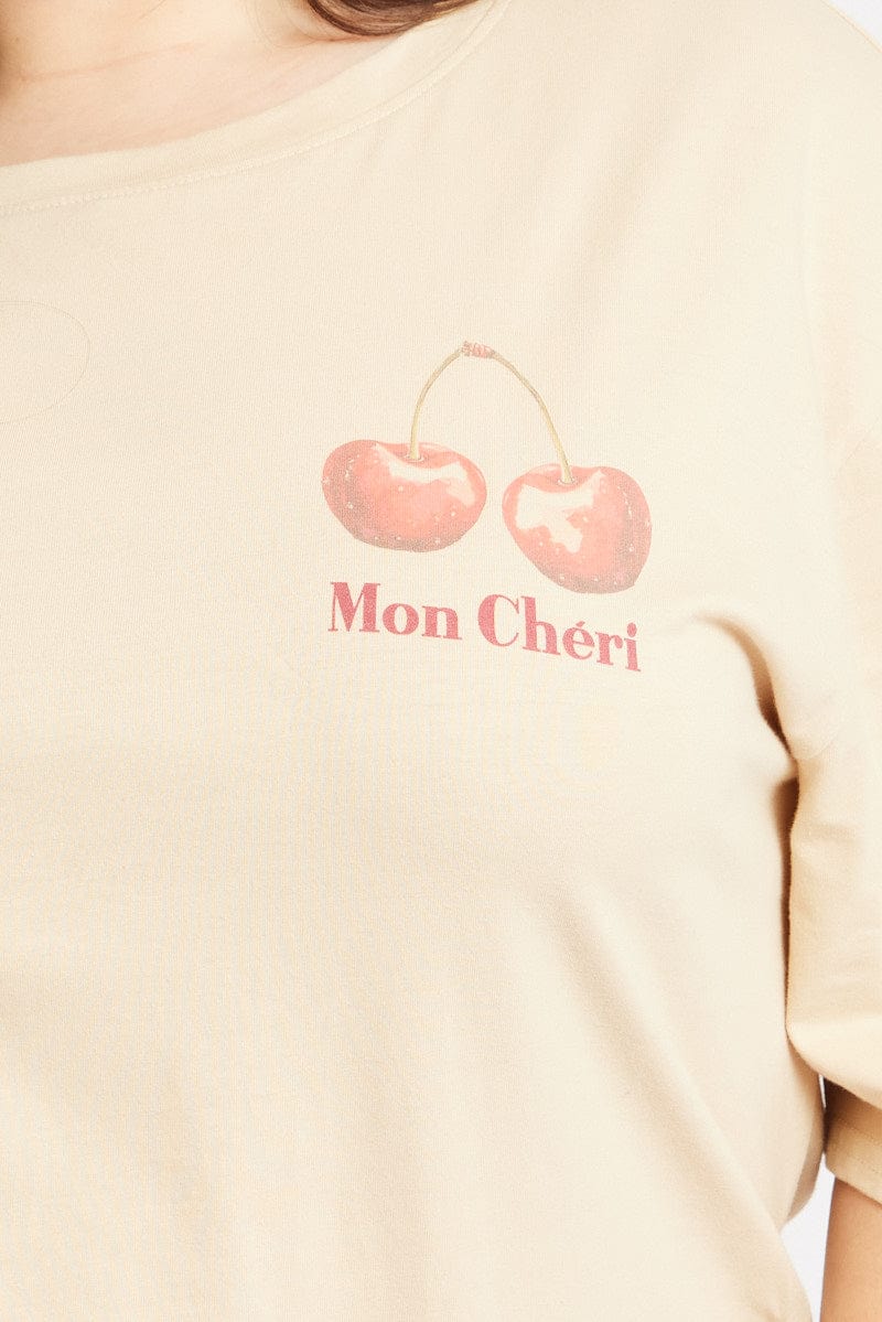 Beige Graphic T Shirt Short Sleeve Crew Neck - Image 6