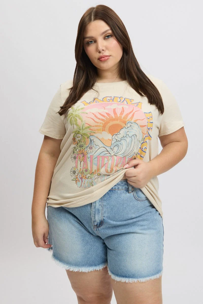 Beige Graphic T Shirt Short Sleeve Crew Neck - Image 3