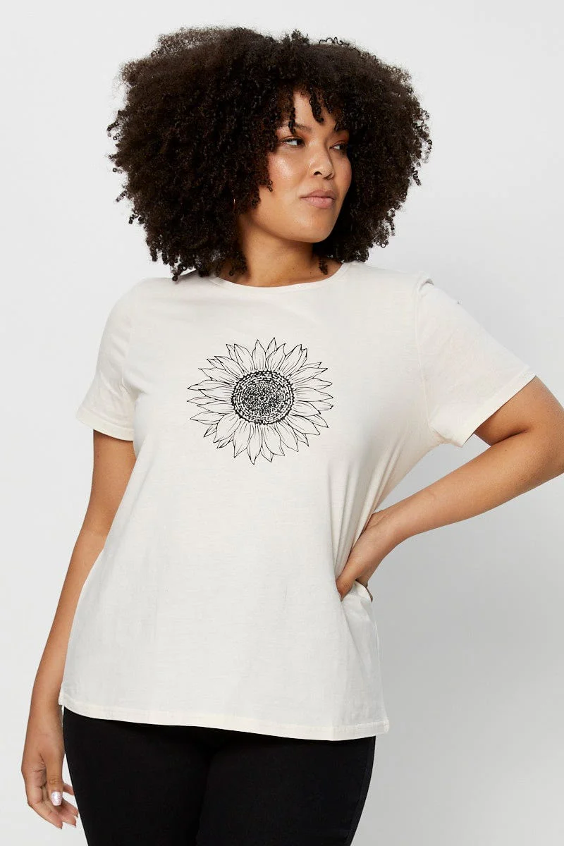 Beige Graphic T-shirt Sunflower Crew Neck Short Sleeve