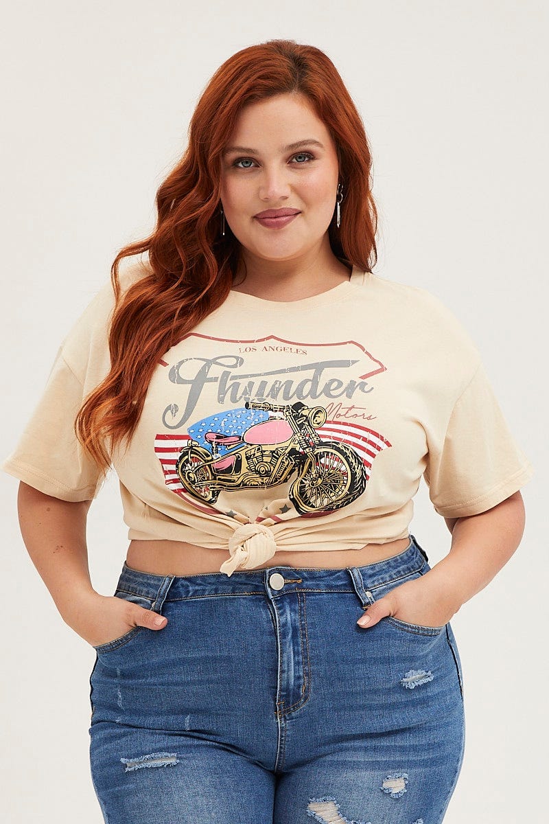 Beige Graphic T-shirt Thunder Motor Short Sleeve Cotton - Image 3