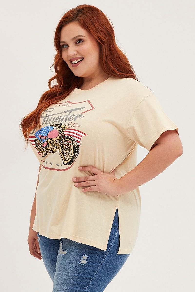 Beige Graphic T-shirt Thunder Motor Short Sleeve Cotton - Image 4