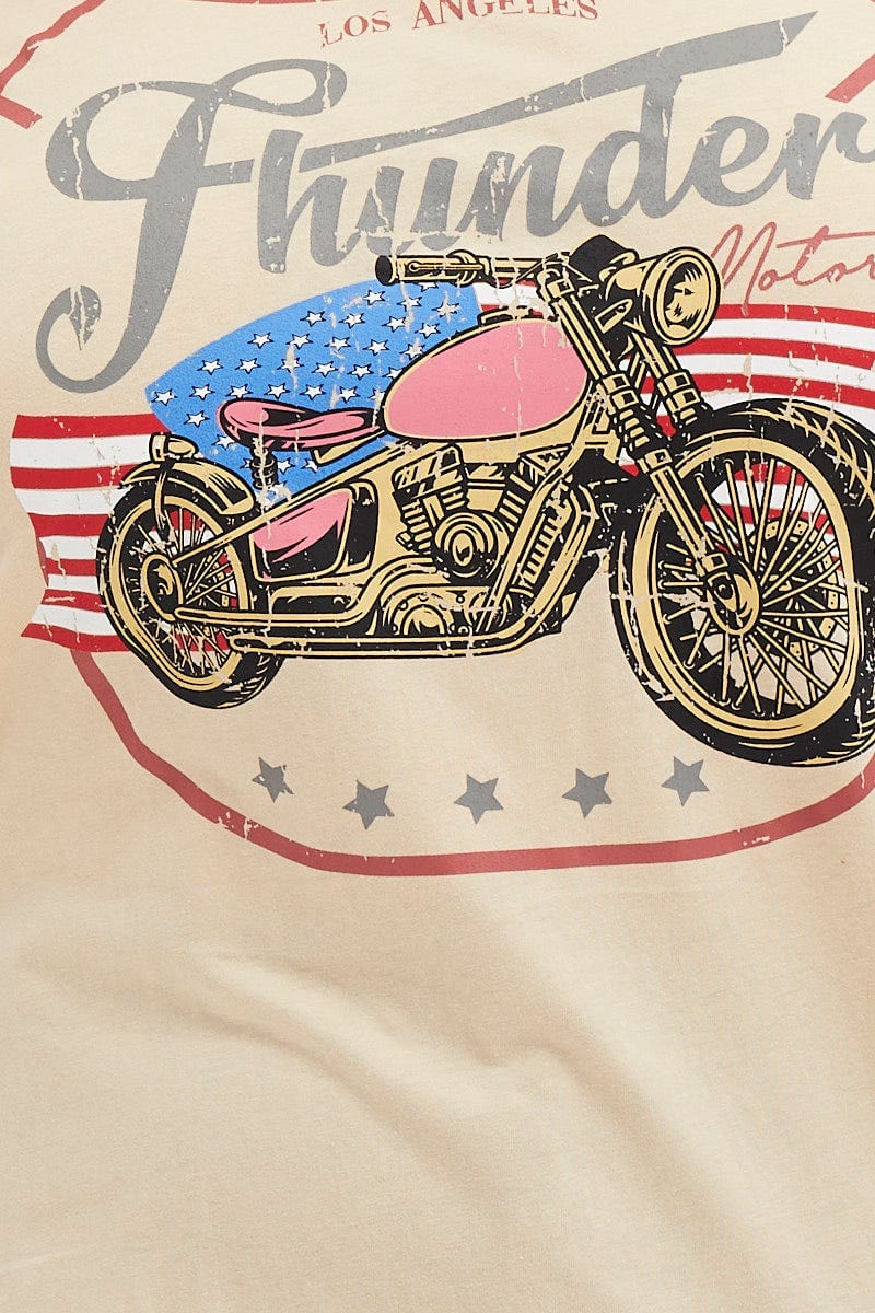 Beige Graphic T-shirt Thunder Motor Short Sleeve Cotton - Image 6