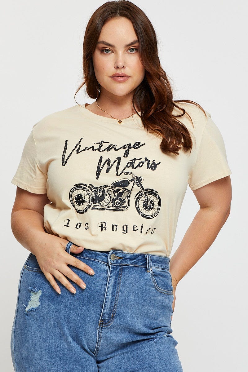 Beige Graphic T-shirt Vintage Motors Short Sleeve Cotton