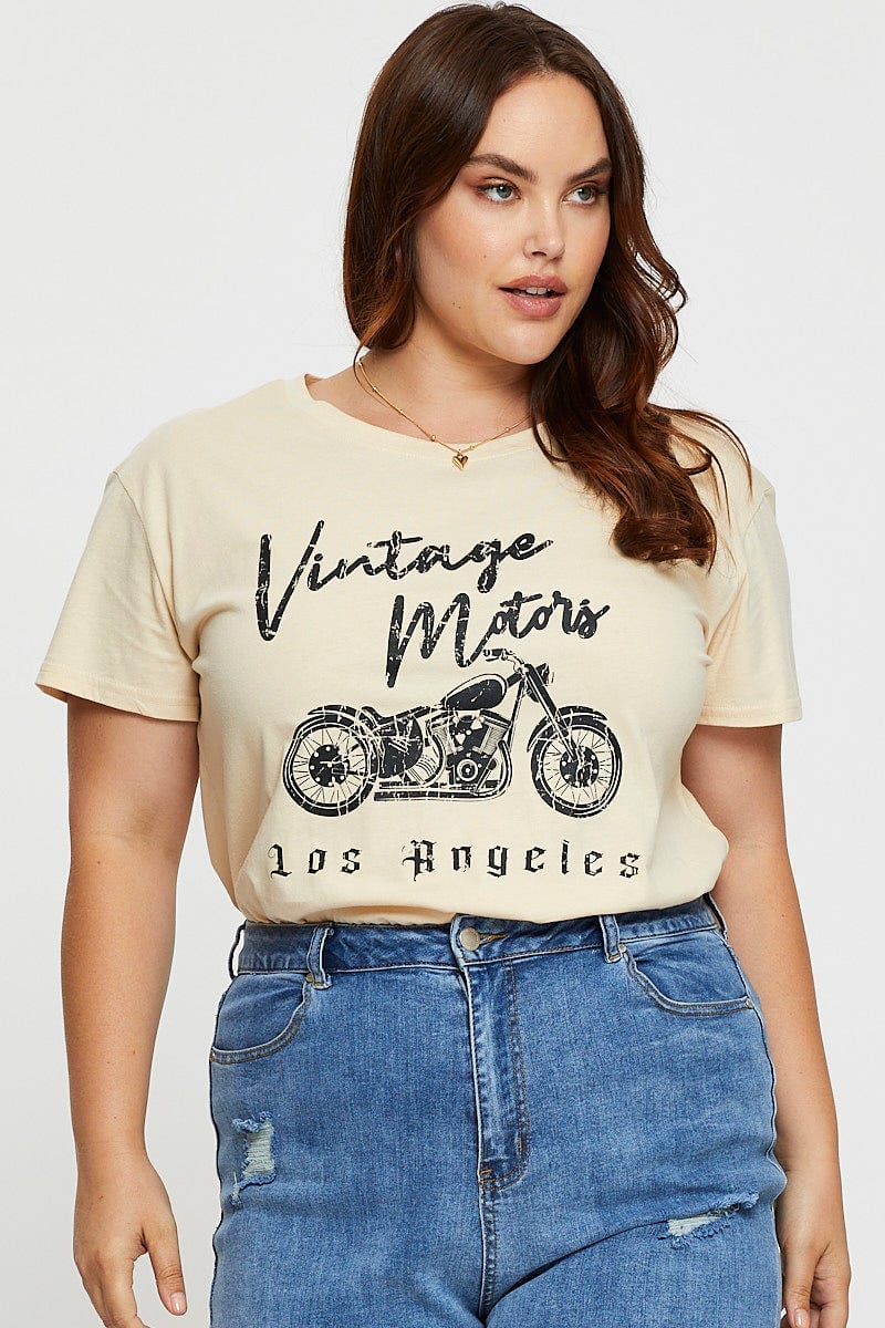 Beige Graphic T-shirt Vintage Motors Short Sleeve Cotton - Image 3