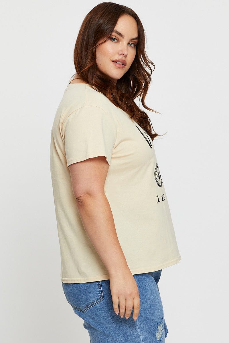 Beige Graphic T-shirt Vintage Motors Short Sleeve Cotton - Image 4