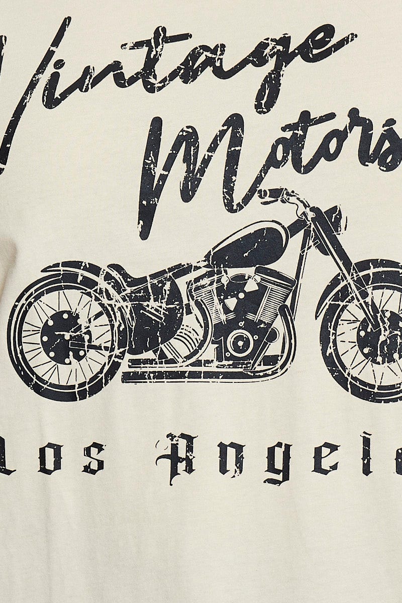 Beige Graphic T-shirt Vintage Motors Short Sleeve Cotton - Image 6