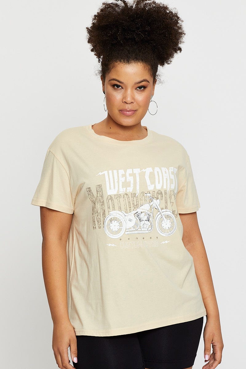Beige Graphic T-shirt West Coast Short Sleeve Cotton - Image 3