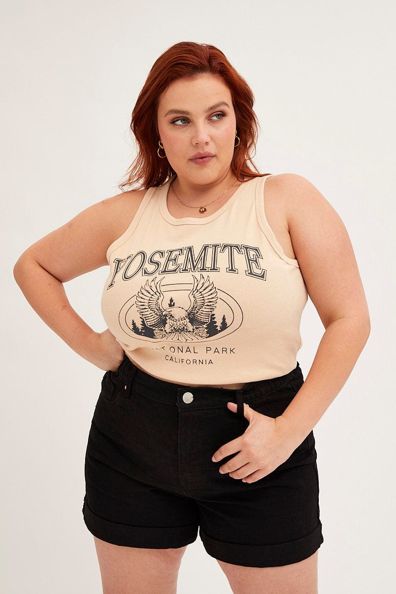 Beige Graphic Tank Top Crew Neck Sleeveless
