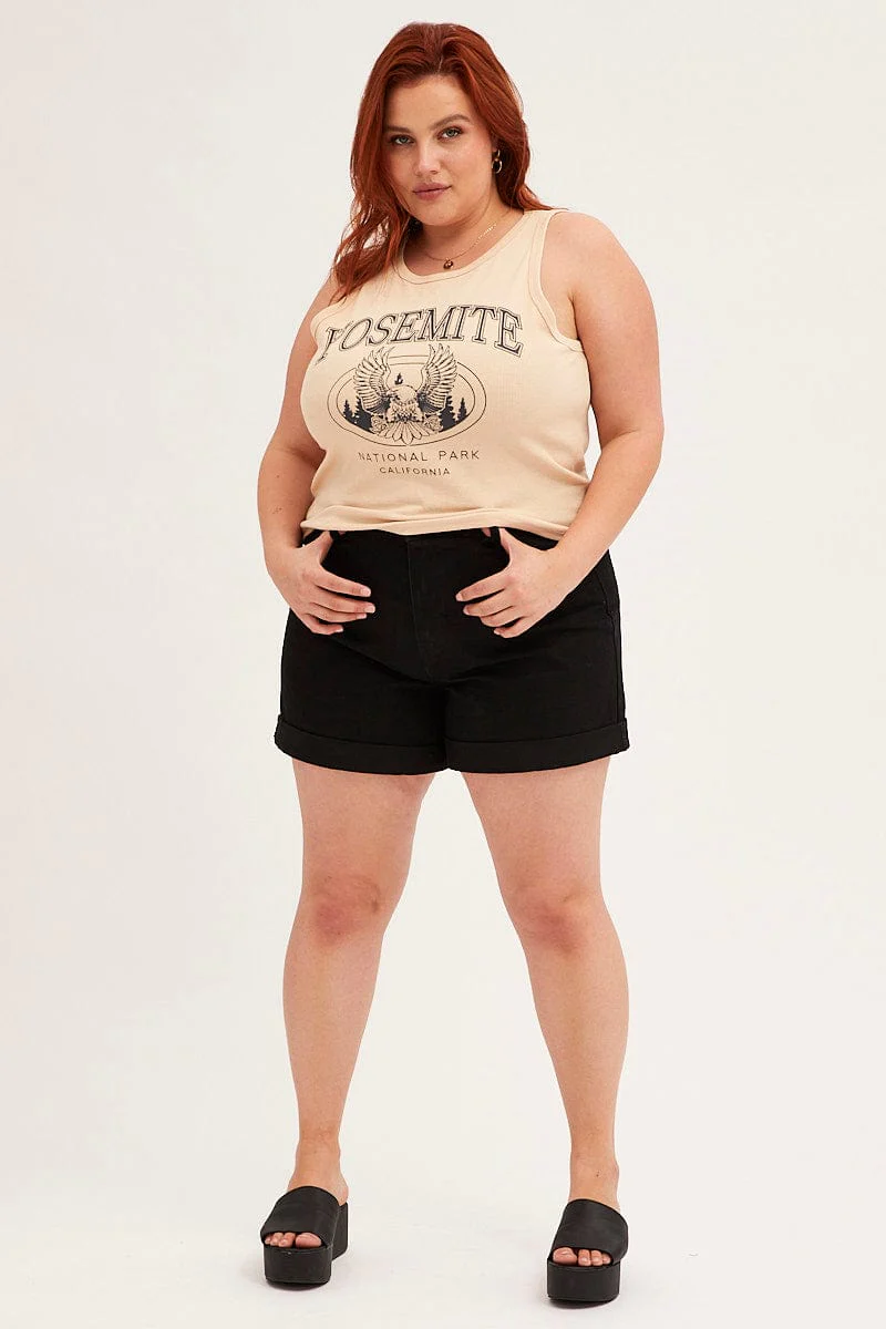 Beige Graphic Tank Top Crew Neck Sleeveless - Image 2