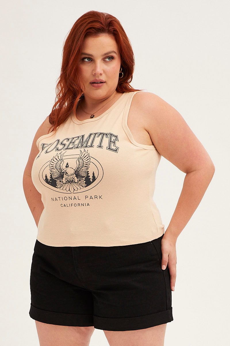 Beige Graphic Tank Top Crew Neck Sleeveless - Image 3