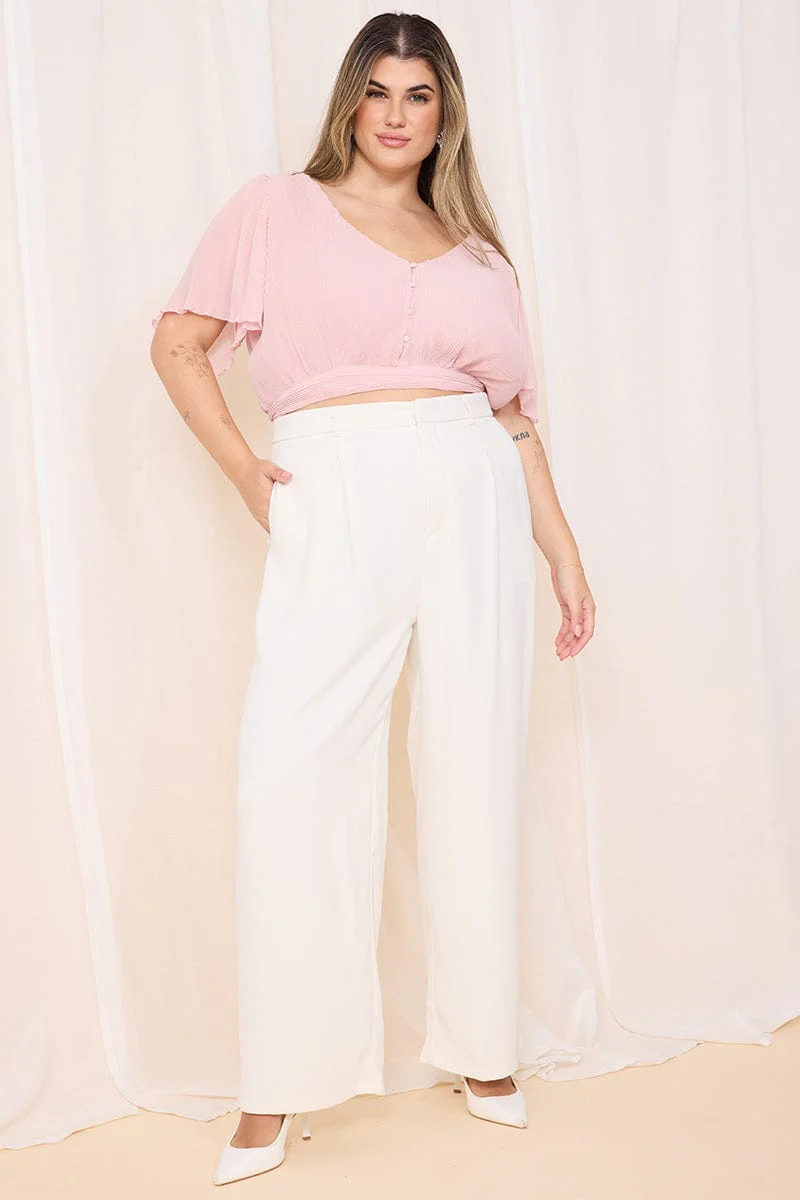 Beige High Rise Wide Leg Tailored Pants