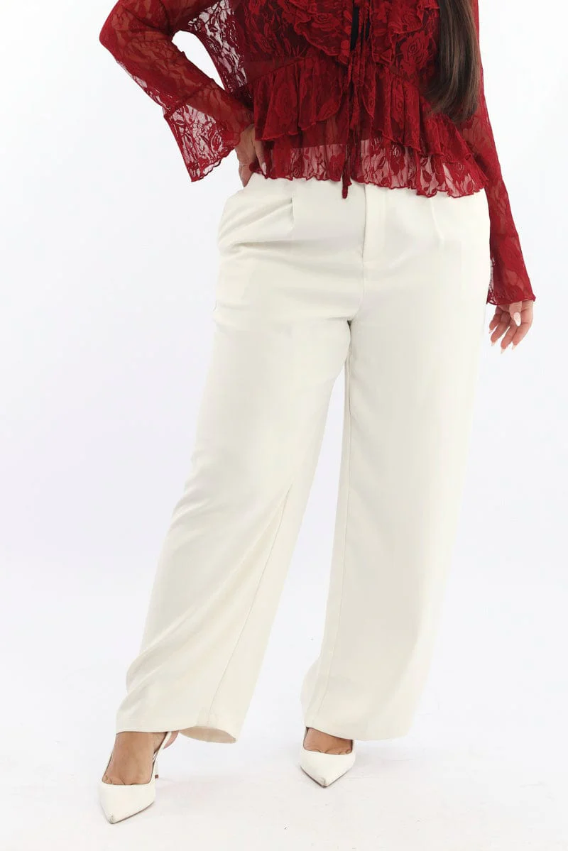 Beige High Rise Wide Leg Tailored Pants - Image 2