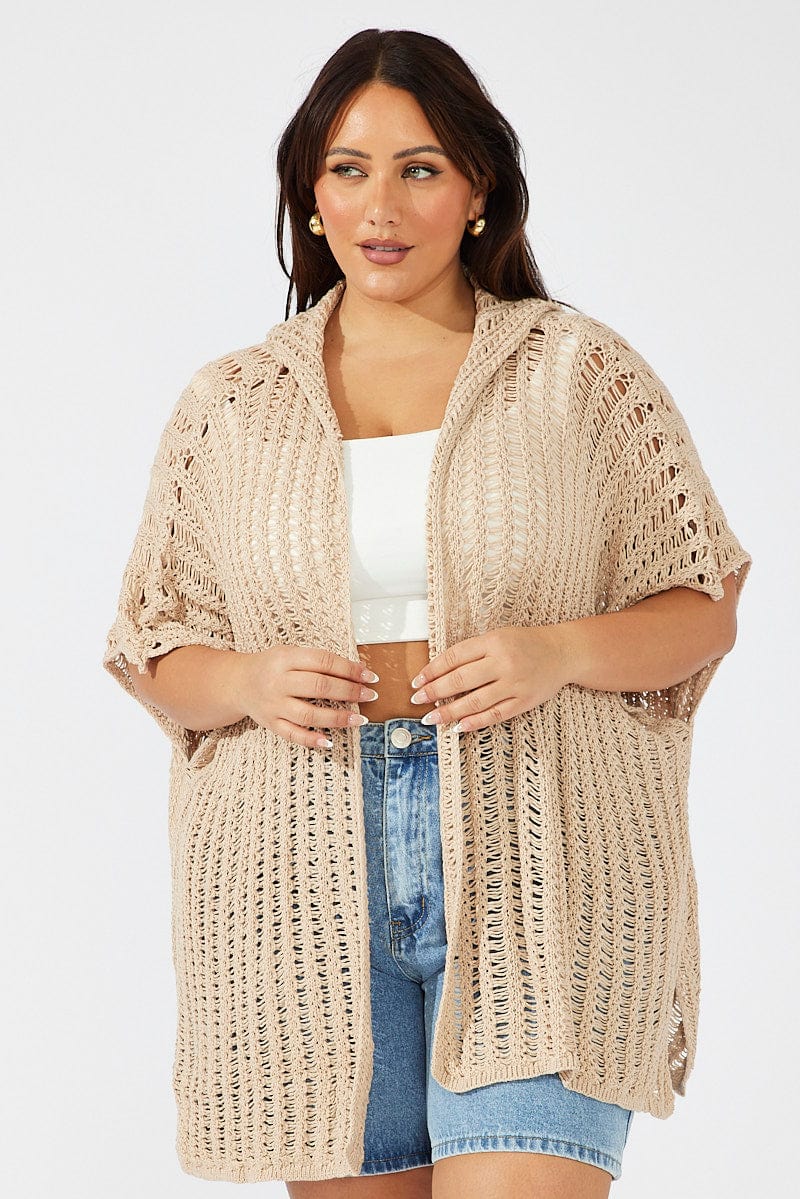 Beige Hooded Crochet Cardigan Short Sleeve