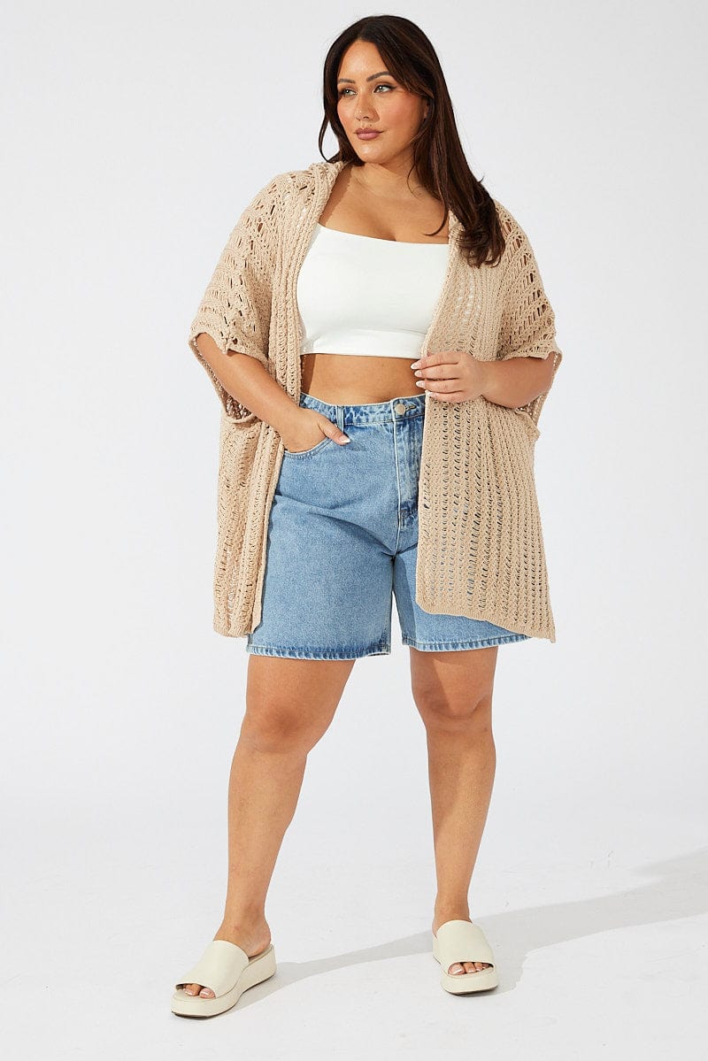 Beige Hooded Crochet Cardigan Short Sleeve - Image 2