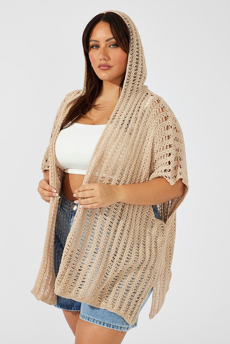 Beige Hooded Crochet Cardigan Short Sleeve - Image 3