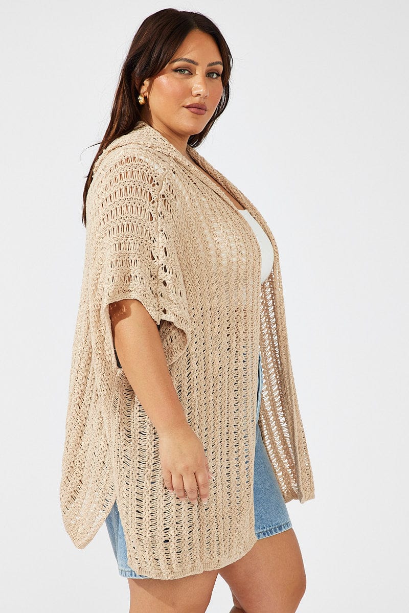 Beige Hooded Crochet Cardigan Short Sleeve - Image 4