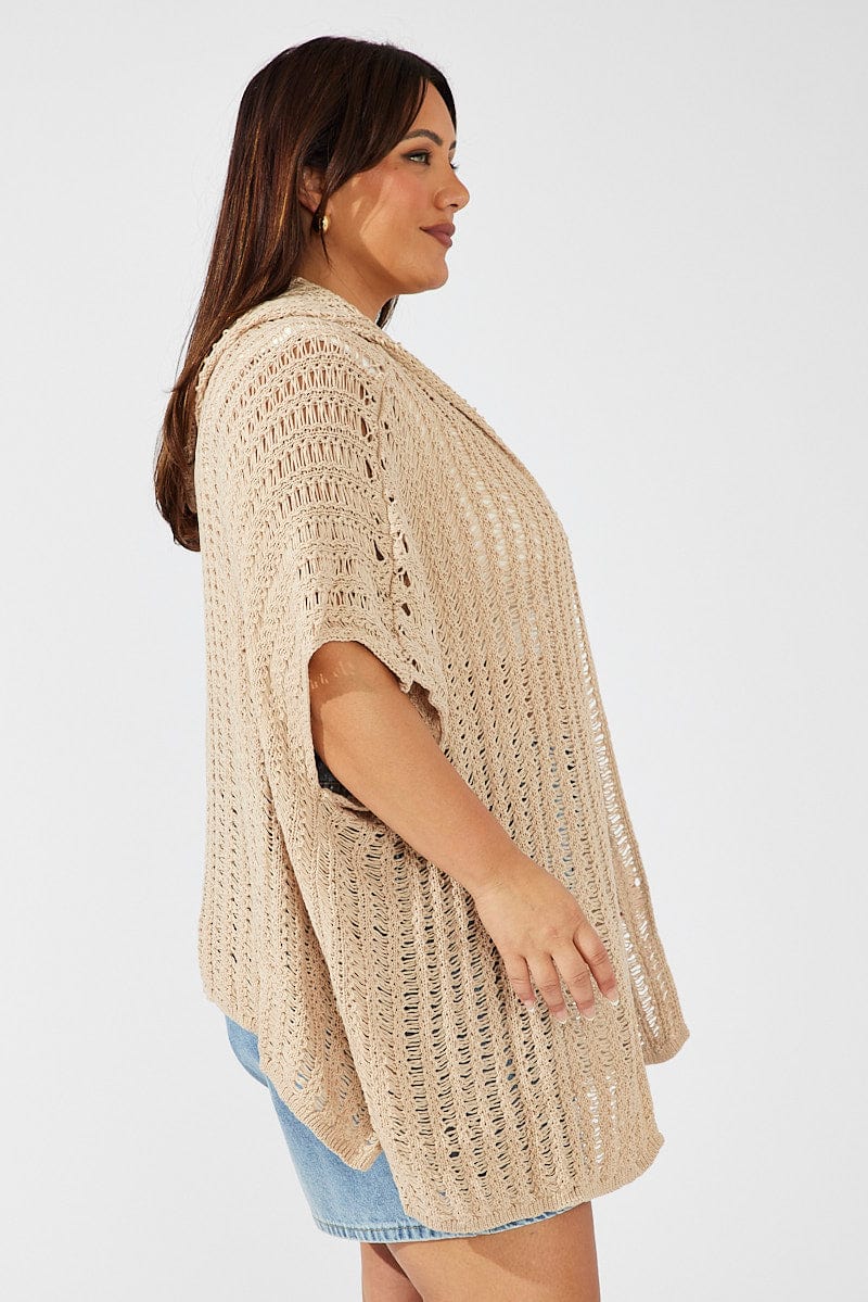 Beige Hooded Crochet Cardigan Short Sleeve - Image 5