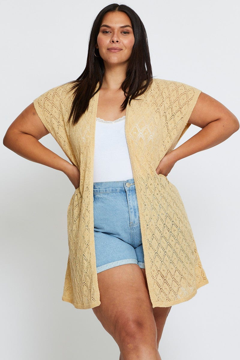 Beige Knit Cardigan Crochet Short Sleeve - Image 3