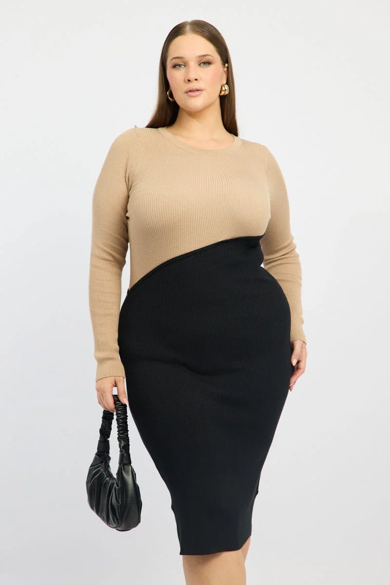 Beige Knit Dress Long Sleeve Color Block