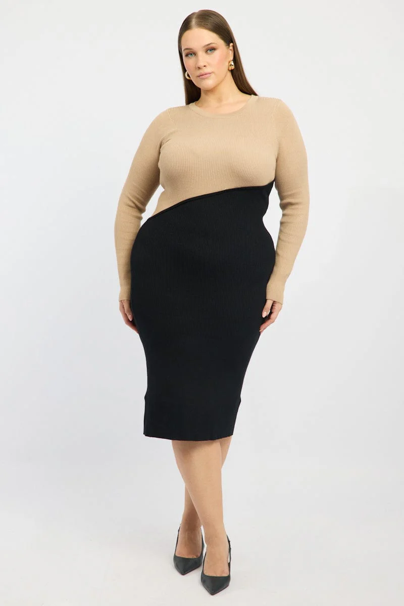 Beige Knit Dress Long Sleeve Color Block - Image 2