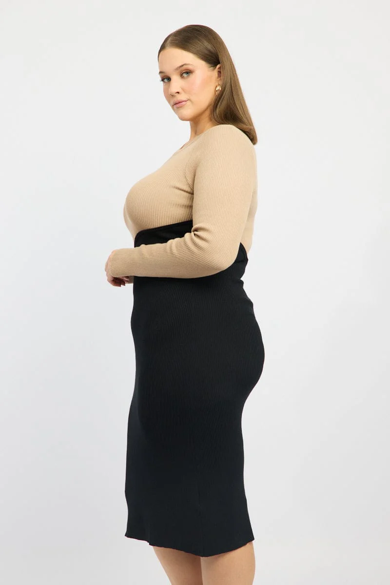 Beige Knit Dress Long Sleeve Color Block - Image 3
