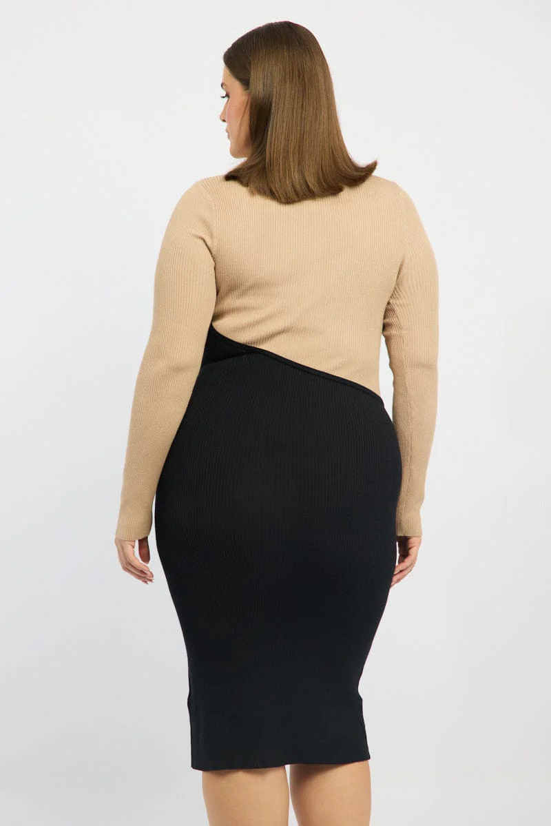 Beige Knit Dress Long Sleeve Color Block - Image 4