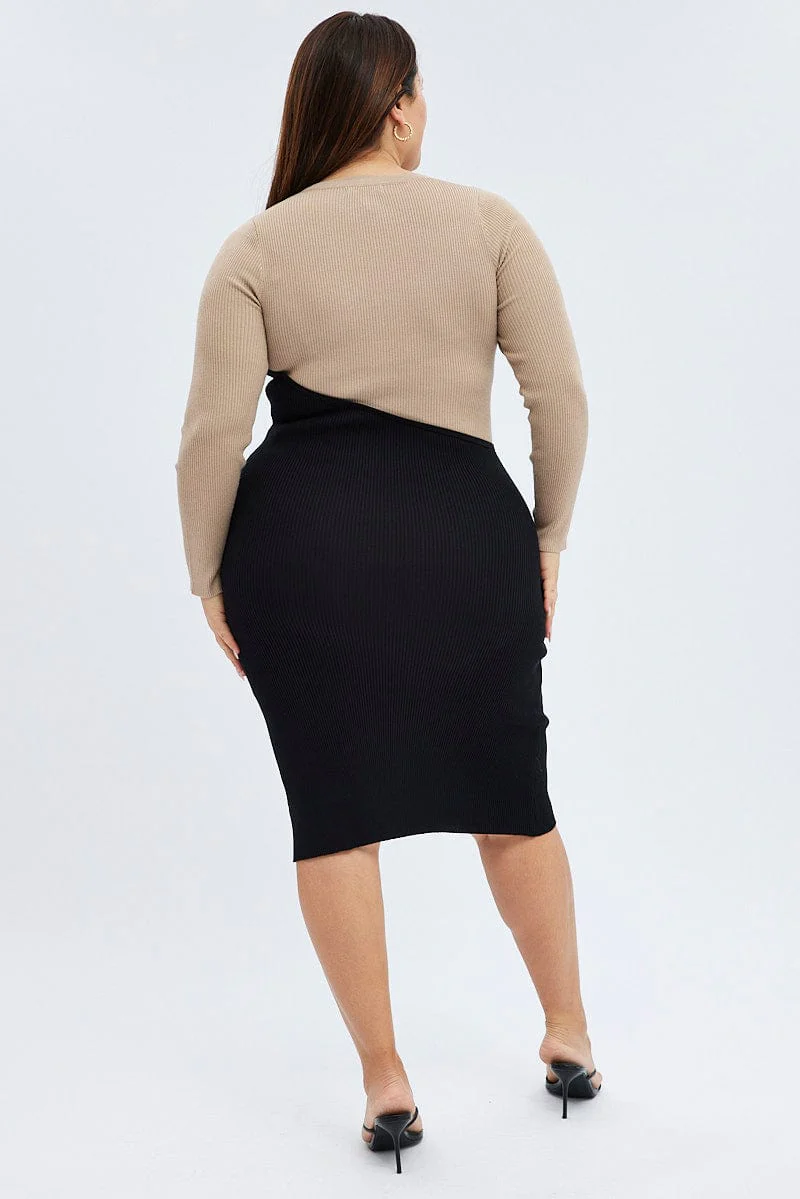 Beige Knit Dress Long Sleeve Color Block - Image 5