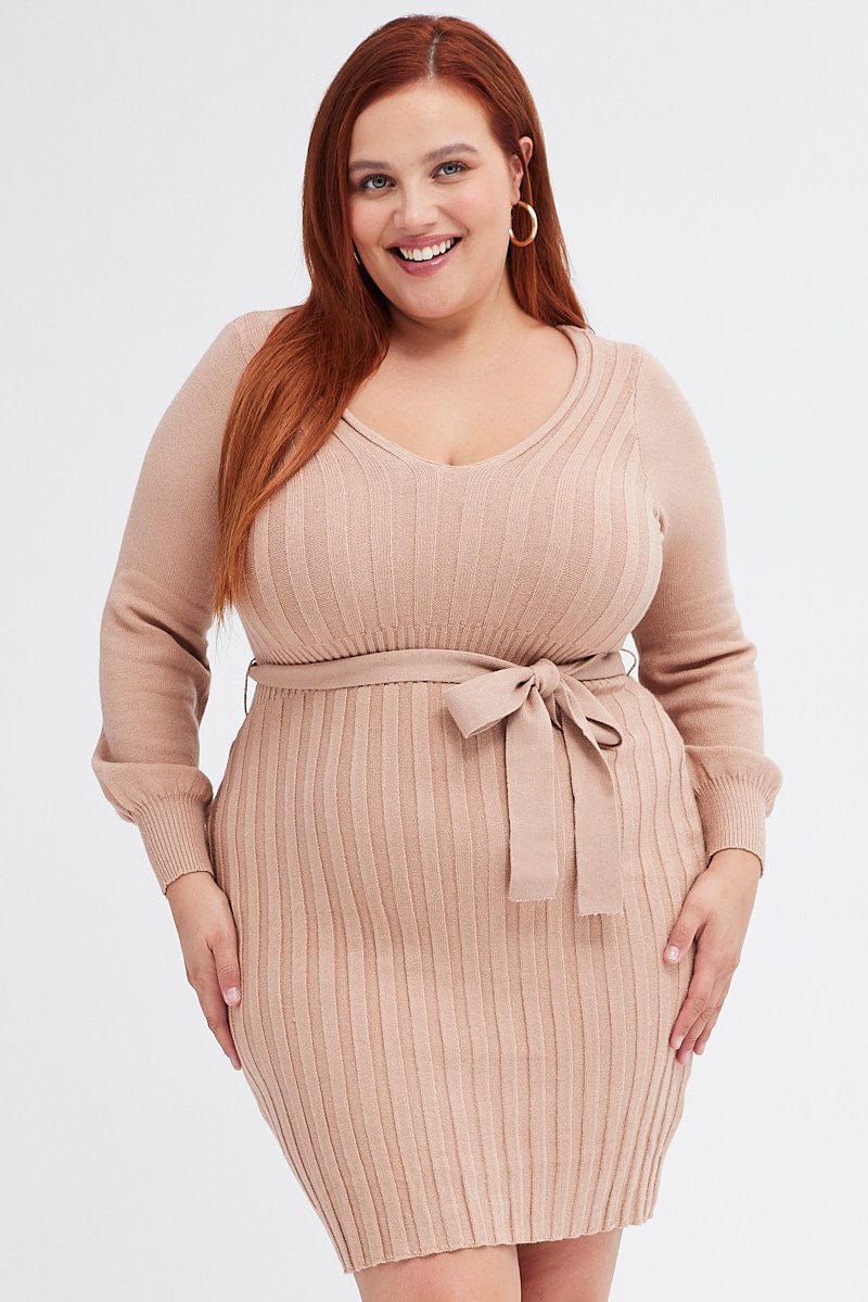 Beige Knit Dress Long Sleeve Wide Rib Belted - Image 3