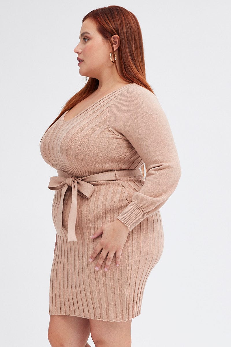 Beige Knit Dress Long Sleeve Wide Rib Belted - Image 4