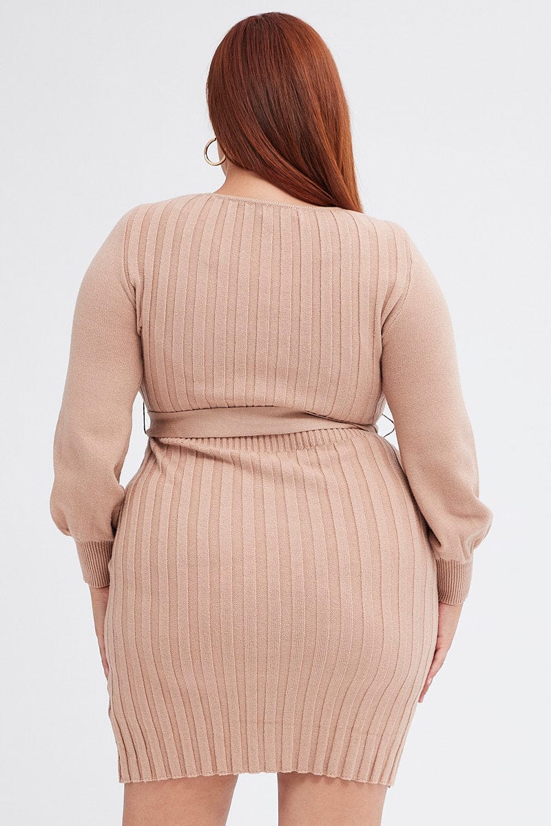 Beige Knit Dress Long Sleeve Wide Rib Belted - Image 5
