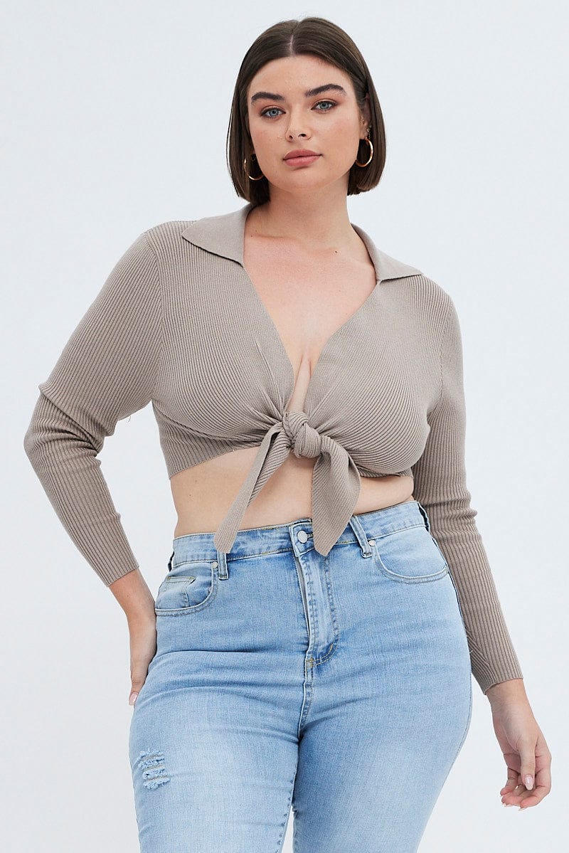 Beige Knit Top Front Tie Collared Crop - Image 2
