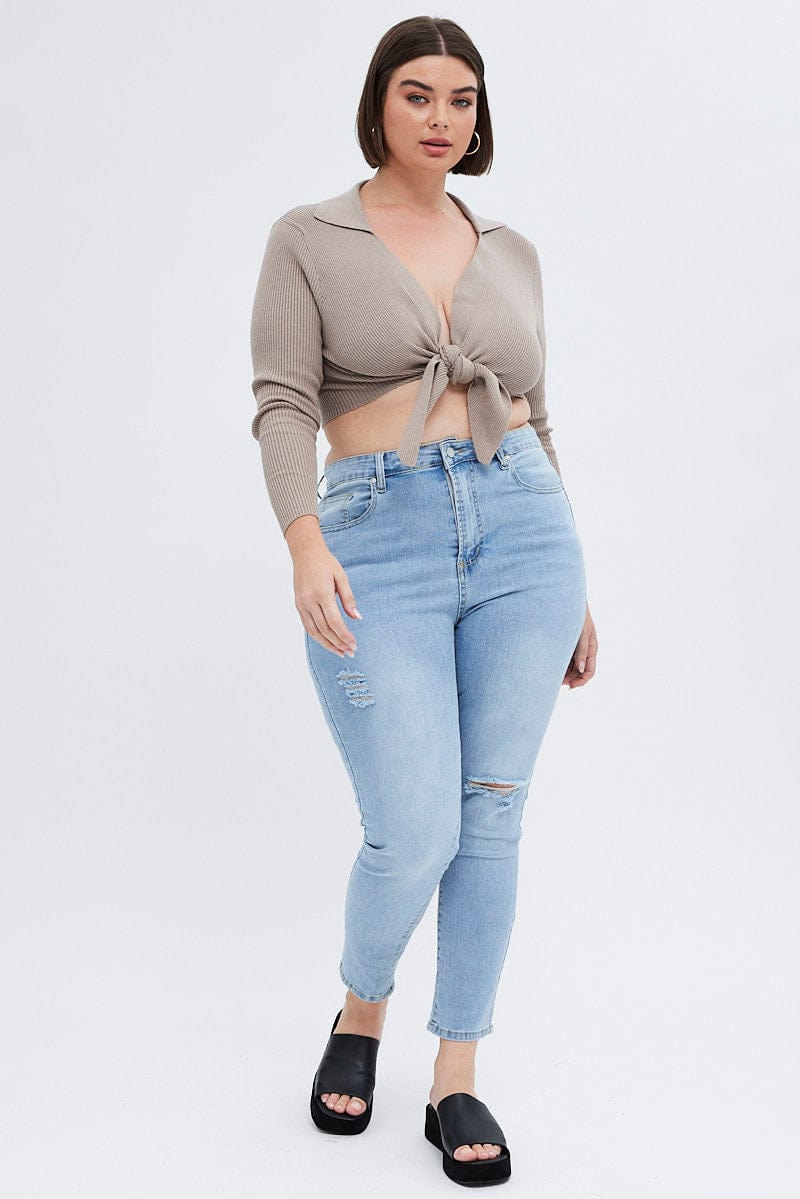 Beige Knit Top Front Tie Collared Crop - Image 3