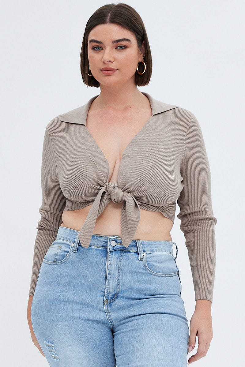 Beige Knit Top Front Tie Collared Crop - Image 4