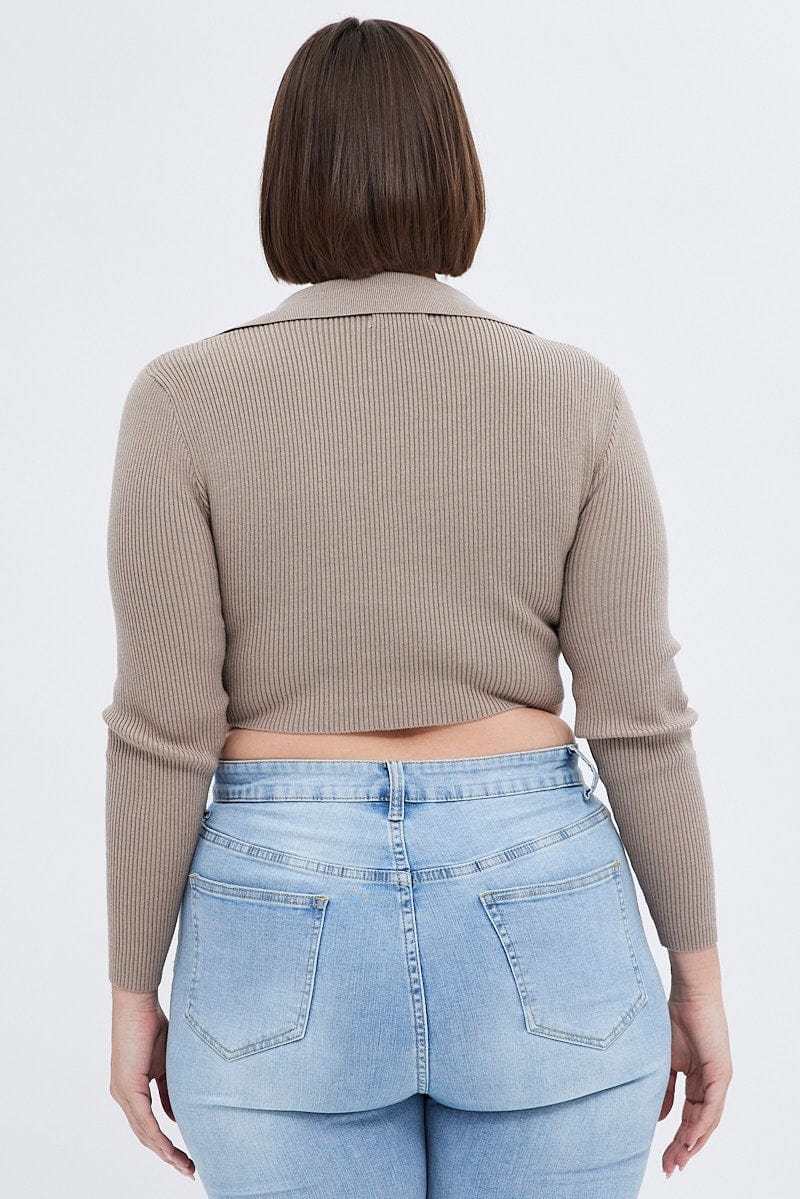 Beige Knit Top Front Tie Collared Crop - Image 6