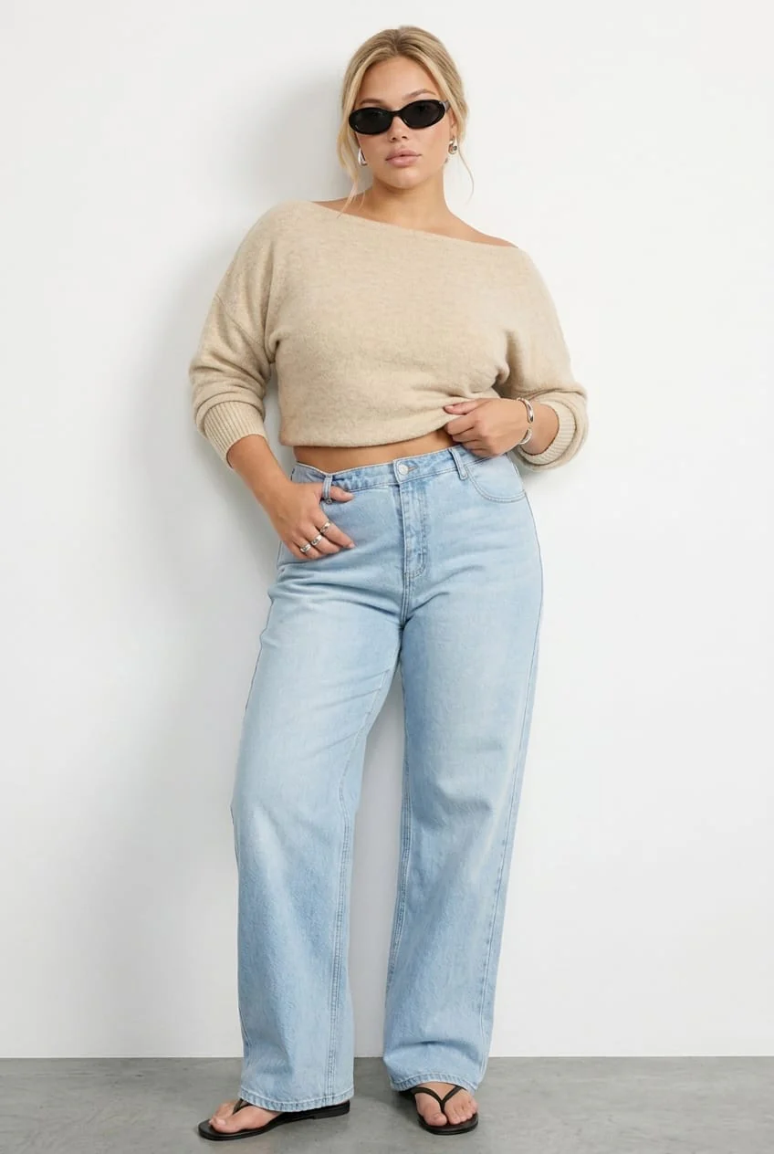 Beige Knit Top Long Sleeve Batwing
