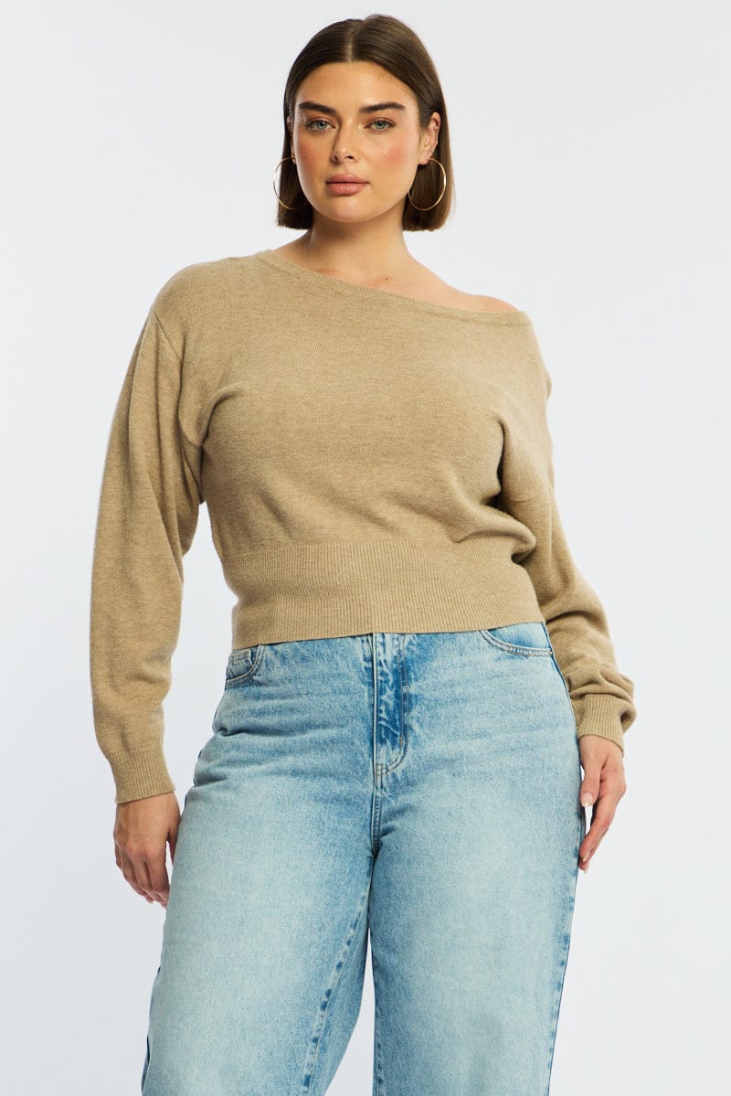 Beige Knit Top Off Shoulder Long Sleeve